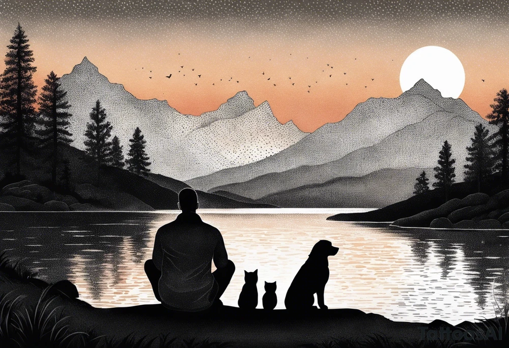 nature, sunset, mountains, a father and son sitting with their dog and cat 
by the water tattoo idea