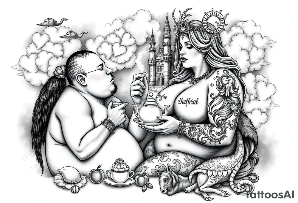 Mystical Naked Man and fat woman having sex eating cupcakes and  fruit  having sex clouds gothic sexy naked fat lady having a tea party with tea pot with fancy castle  
with a pigs, peacock,  lion, goat, noose and smoking cigerettes looking in the mirror thru storm clouds and broken hearts and darkness and wrath, envy , gluttony, greed, sloth, pride . Gothic tattoo idea