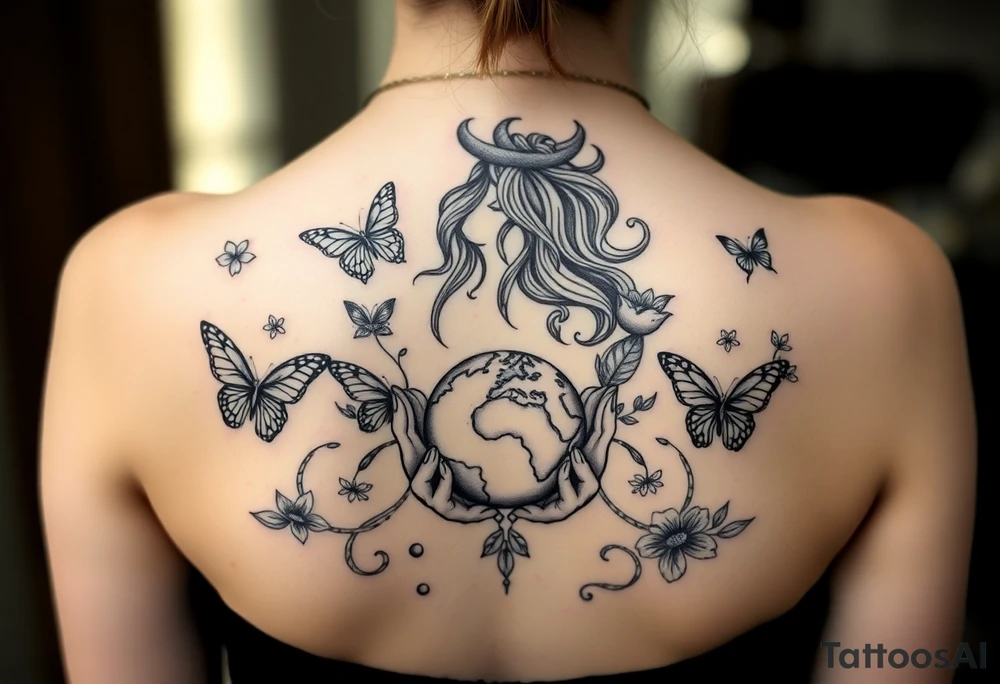 Taurus goddess with earth in her hands and butterflies and flowers all around her tattoo idea
