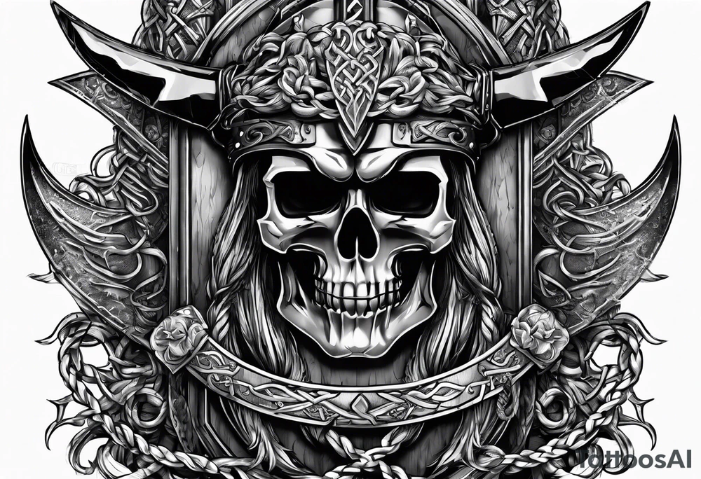 Valhalla sword shield axe barbed wire chains dark cloud tattoo idea