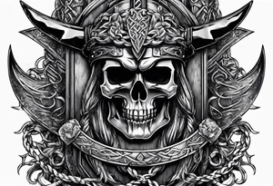 Valhalla sword shield axe barbed wire chains dark cloud tattoo idea