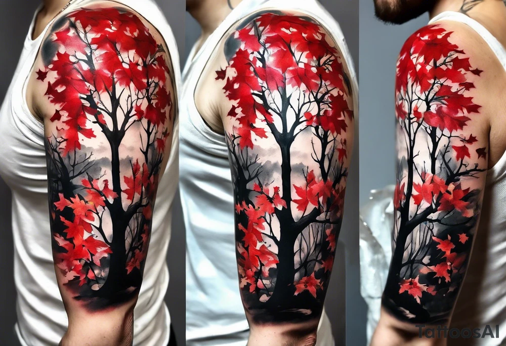 trash polka style. Arm tattoo. chest tattoo. Long tattoo. large tattoo. Full sleeve. Shoulder. A single large maple tree with red autumn leaves that branches upwards from wrist to shoulder. White-throated dipper bird on the trees branches. Calluna flowers at the base of the trees stem. Leaves falling. tattoo idea