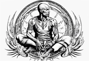 Peaceful warrior kneeling down with the world resting on his hand above his head and shoulders. tattoo idea