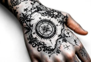 Compass on the hand in the shape of Nigeria with longitude written on the top and latitude written on the bottom. Draw lines from a treasure map connecting from the arm to the tattoo tattoo idea