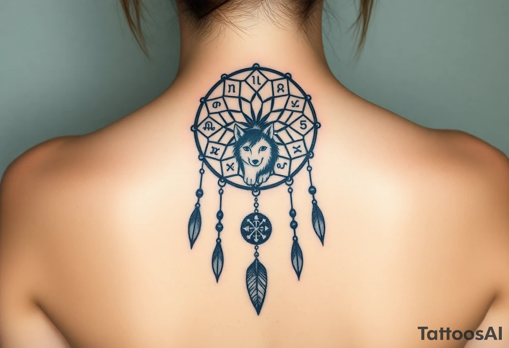 Dreamcatcher with zodiac symbols and protection runes caught in it with wolf teal tattoo idea