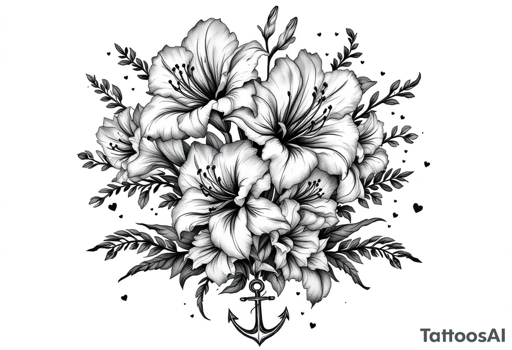 «En del av deg for evig tid!
Pappa 20.12.24» Surrounded by long gladiolus, hearts, notes and an anchor. tattoo idea