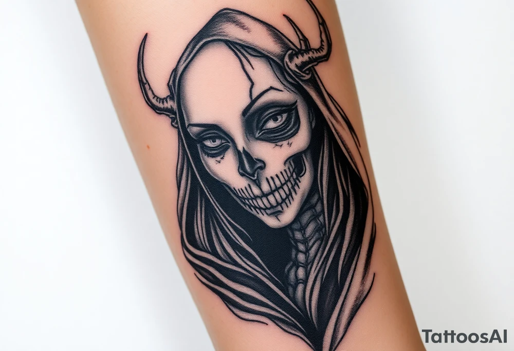 A chilling Hel, the half-dead Norse goddess of the underworld, her face split between lifelike beauty and skeletal darkness, draped in a tattered black cloak tattoo idea