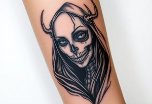 A chilling Hel, the half-dead Norse goddess of the underworld, her face split between lifelike beauty and skeletal darkness, draped in a tattered black cloak tattoo idea