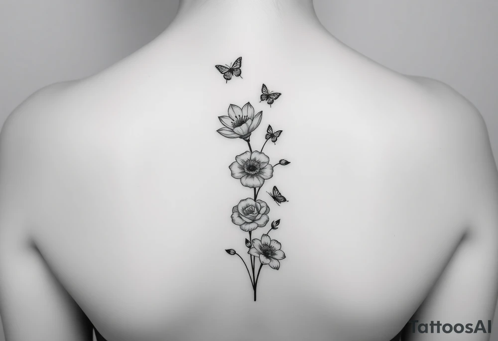 In a vertical line and individual water lily, rose, violet and narcissus. Surrounded by small delicate butterflies 

Not a bouquet tattoo idea