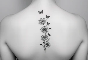 In a vertical line and individual water lily, rose, violet and narcissus. Surrounded by small delicate butterflies 

Not a bouquet tattoo idea