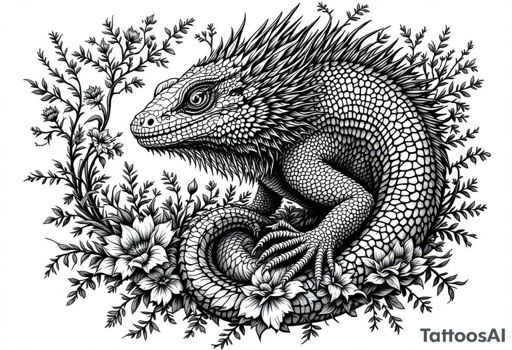 powerful majestic lizard, surrounded by floral ornaments tattoo idea