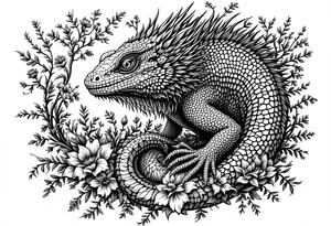 powerful majestic lizard, surrounded by floral ornaments tattoo idea