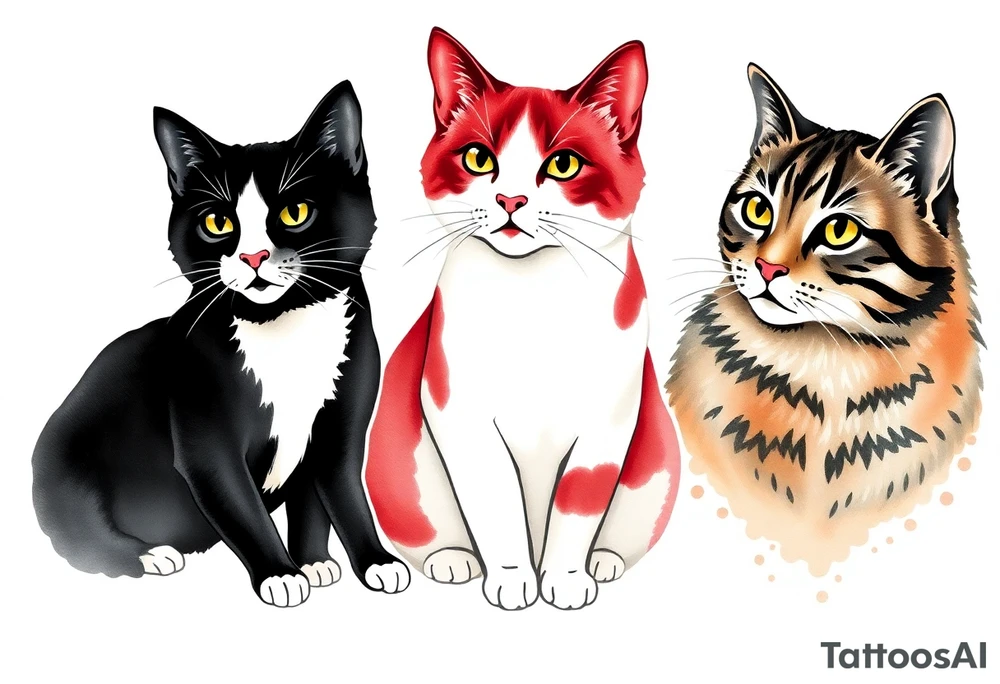 three cats, one black and white cat, one red and white cat and one tabby cat tattoo idea