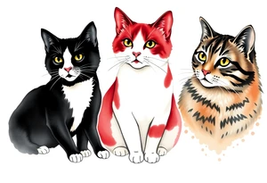 three cats, one black and white cat, one red and white cat and one tabby cat tattoo idea