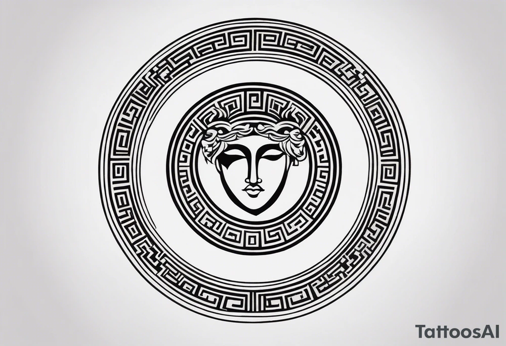 "Design a minimalist round tattoo inspired by ancient Greek art, centered around Dionysus and his love for theater. Create a circular composition with Dionysus depicted in the center, holding a theatrical mask and a goblet of wine. Surround him with simple yet symbolic elements such as geometric patterns reminiscent of ancient Greek pottery. Ensure the design maintains a minimalist style, with clean lines and limited detail, while capturing the essence of Dionysus's affinity for both wine and theater within the circular frame." tattoo idea