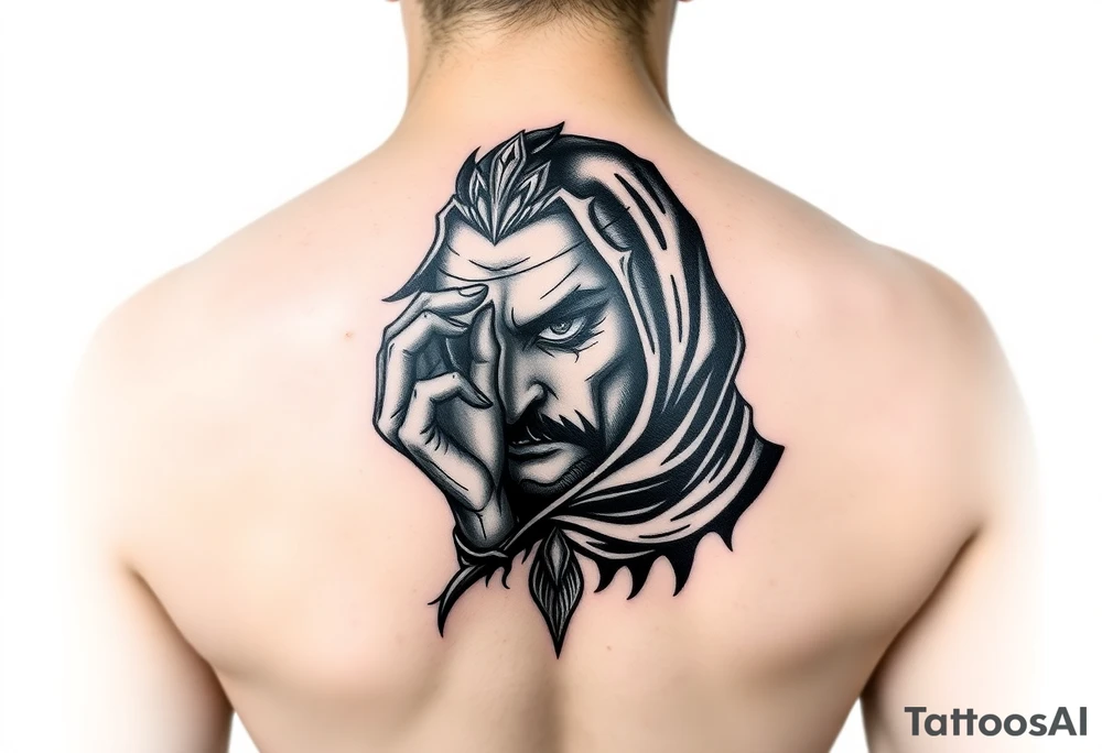 create me a sauske tattoo from where he is holding his eye and rinnegon in his other but he has both eyes and his cloak like usually and provide more detail and this will be a shoulder tattoo tattoo idea