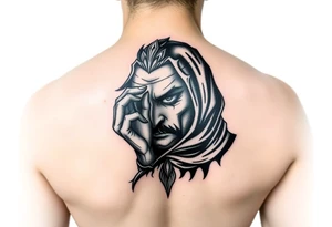 create me a sauske tattoo from where he is holding his eye and rinnegon in his other but he has both eyes and his cloak like usually and provide more detail and this will be a shoulder tattoo tattoo idea