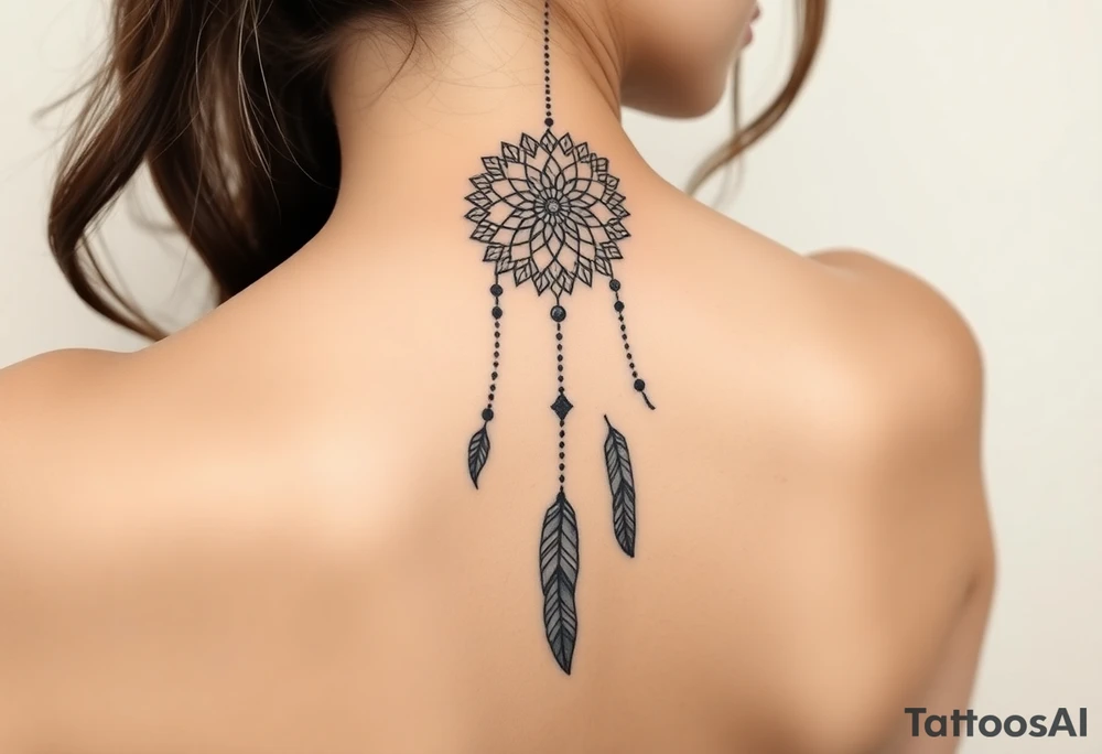 Thin spinal tattoo following down the spine in native dreamcatcher with flowing lines made of a discreet connection of morse code ".--- .- --.     .-.. ... -.- .- .-.   -.. .. --.     .-.. .. .-.. .-.. . -... .-. --- .-. connected to flowing feathers tattoo idea