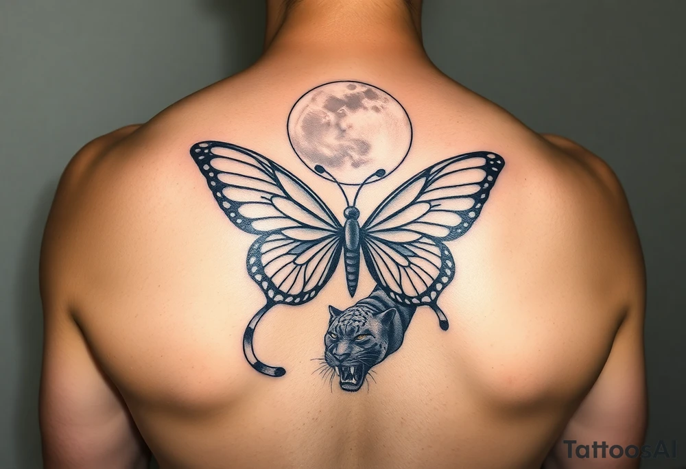 ethereal butterfly with flowing silk ribbons in moonlight with panther tattoo idea