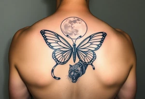 ethereal butterfly with flowing silk ribbons in moonlight with panther tattoo idea