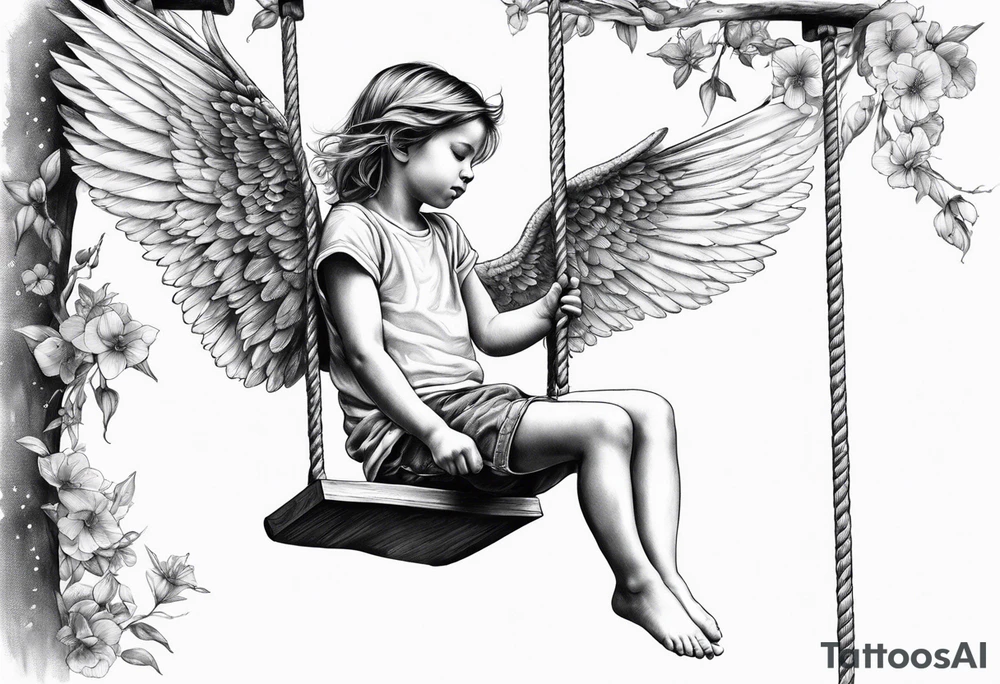 angel child on swing with sagging wings, head down. add hummingbird tattoo idea