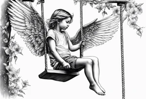 angel child on swing with sagging wings, head down.  add hummingbird tattoo idea