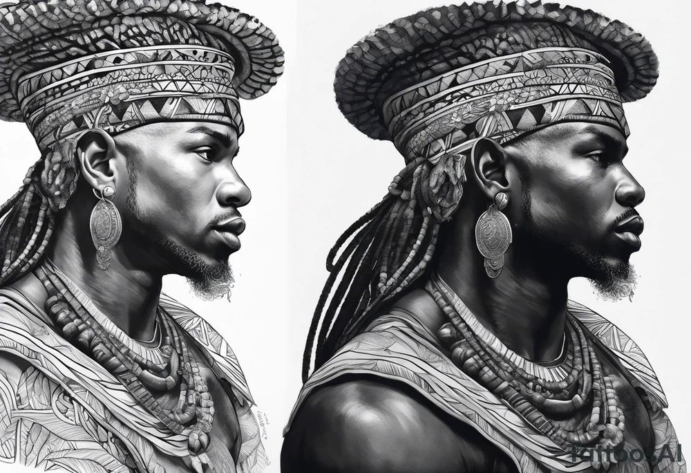 ogun guerreiro africano realista em preto e cinza com tons de azul
 no fudo de selva tattoo idea