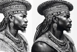ogun guerreiro africano realista em preto e cinza com tons de azul
 no fudo de selva tattoo idea