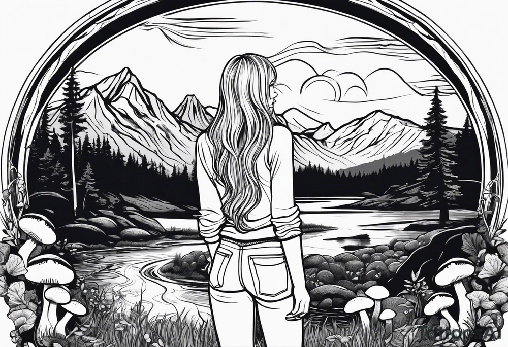 Whole picture encircled fully

Straight long blonde hair hippie girl in distance holding mushrooms in hand facing away toward mountains and creek surrounded by mushrooms long sleeve shirt and hiking pants; whole rendering within a full circle, no cut off circle tattoo idea