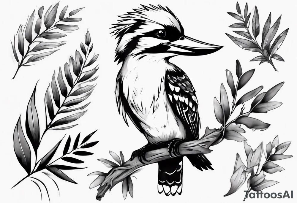 Small kookaburra holding wattle leaves tattoo idea