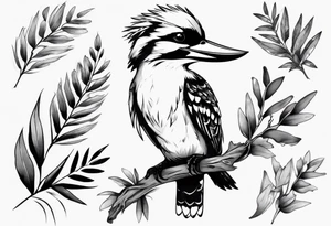 Small kookaburra holding wattle leaves tattoo idea