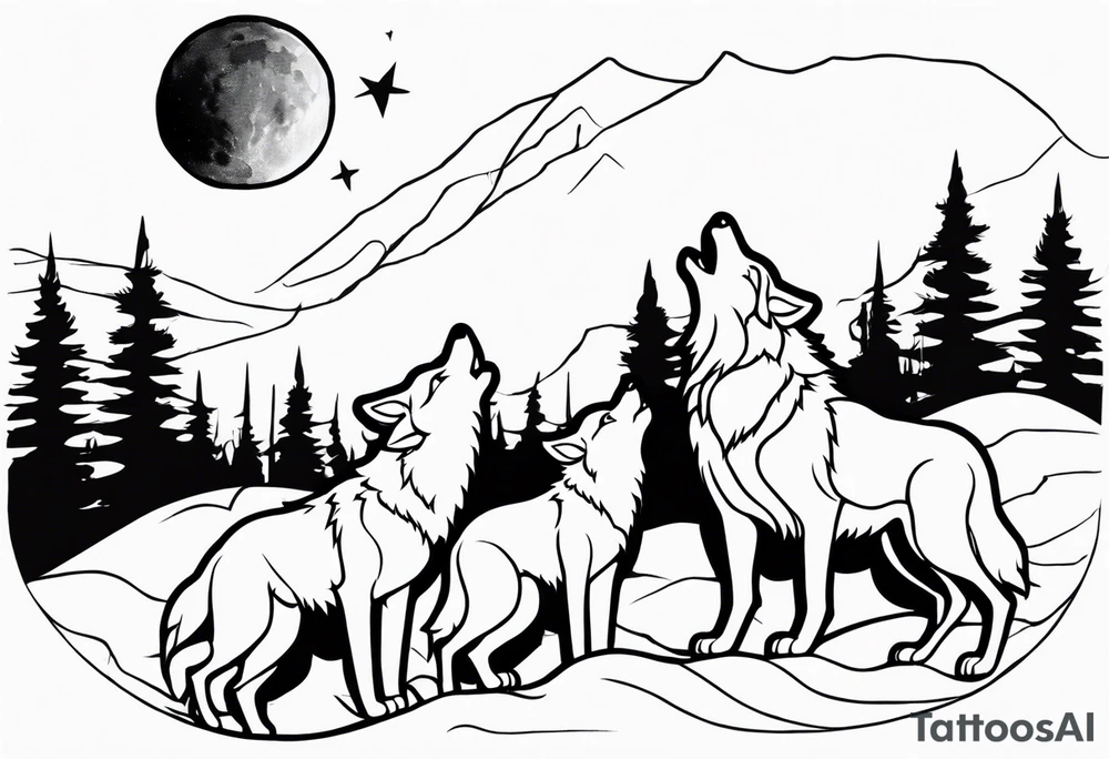 Wolfs with 4 cubs howling at blood moon tattoo idea