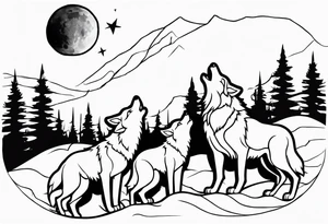 Wolfs with 4 cubs howling at blood moon tattoo idea