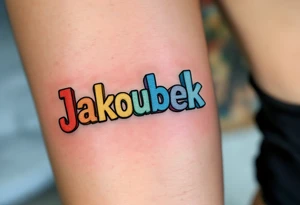 Jakoubek name styled as wooden toy blocks, colored in primary red, yellow, and blue. tattoo idea