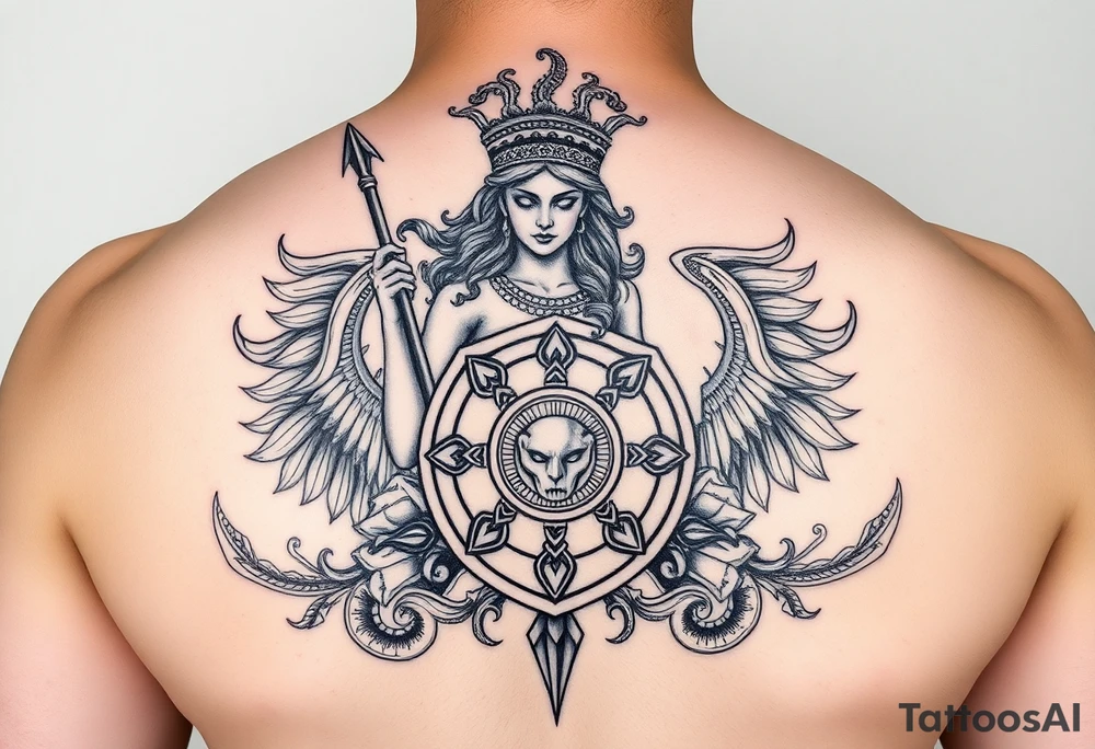 The goddess Athena with her Medusa shield and spear surrounded by Greek flourished designs tattoo idea