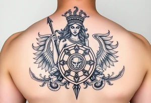 The goddess Athena with her Medusa shield and spear surrounded by Greek flourished designs tattoo idea