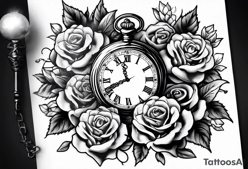 Pocket watch with chain and roses tattoo idea