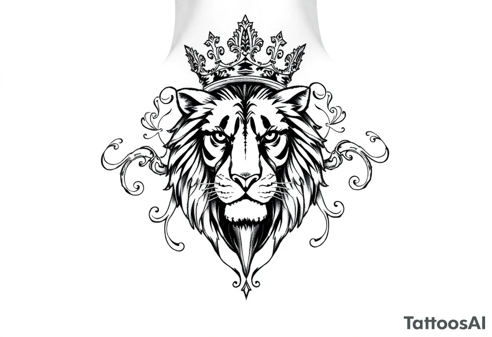 majestic lion wearing ornate crown, surrounded by baroque flourishes tattoo idea