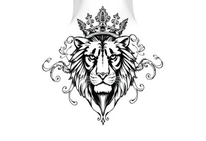 majestic lion wearing ornate crown, surrounded by baroque flourishes tattoo idea
