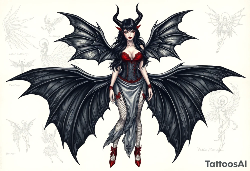 🔥 Image 1: Dark Demon Woman Tattoo Design

A seductive demoness with long black hair and sharp black horns stands confidently. She has large, leathery black wings with spiked edges extending from her back. Her outfit is a gothic corset-style dress with red accents and lace, combined with fishnet stockings and high heels. Her overall aura is dark, powerful, and alluring, blending elegance with danger. The background looks like a magical grimoire page, with handwritten runes and sketches of demonic wings and figures, giving it a mystical, ancient vibe.

Keywords: demon woman, succubus, gothic wings, red-black corset, dark fantasy, seductive devil, horned female, tattoo sketchbook

⸻

🌟 Image 2: Angelic Woman Tattoo Design

A beautifully detailed pencil sketch of an angelic woman with long flowing hair and magnificent feathered wings. She wears a flowing, nature-inspired gown adorned with floral and leaf patterns, blending elegance and divine femininity. Her expression is serene yet strong. The feathers and fabric flow gracefully around her, creating a sense of lightness and movement. The black-and-white pencil drawing gives it a timeless, classical tattoo appeal.

Keywords: angel woman, divine beauty, feathered wings, floral gown, feminine strength, heavenly figure, pencil sketch, classic tattoo tattoo idea