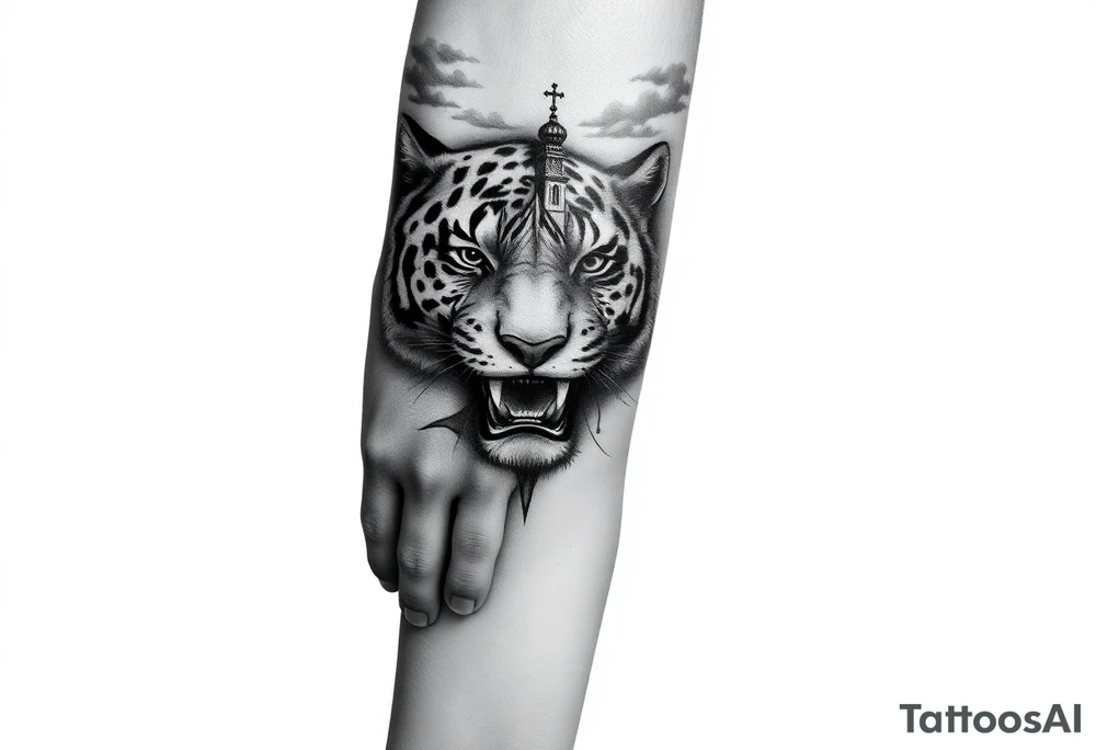 in a dorsal view of the hand and forearm a tiger face on the hand with black hollowed eyes, then above this a orthodox church shrouded with a mist and fading into a virgin mary overlooking tattoo idea