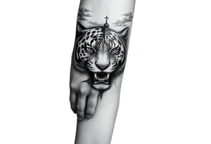 in a dorsal view of the hand and forearm a tiger face on the hand with black hollowed eyes, then above this a orthodox church shrouded with a mist and fading into a virgin mary overlooking tattoo idea