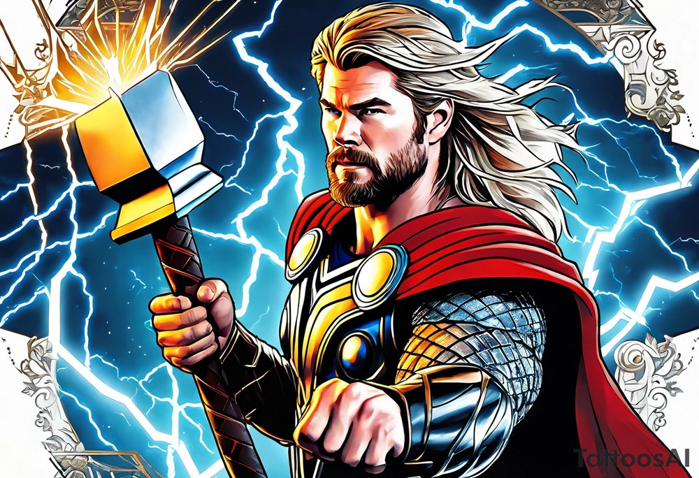 The Mighty Thor that looks like the Chris Hemsworth version with lightning in the background tattoo idea