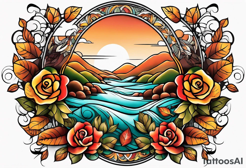 thigh tattoo in fall colors, showing, li, water flow, rocks, sky, clouds, leaves, roses tattoo idea