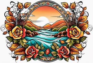 thigh tattoo in fall colors, showing, li, water flow, rocks, sky, clouds, leaves, roses tattoo idea