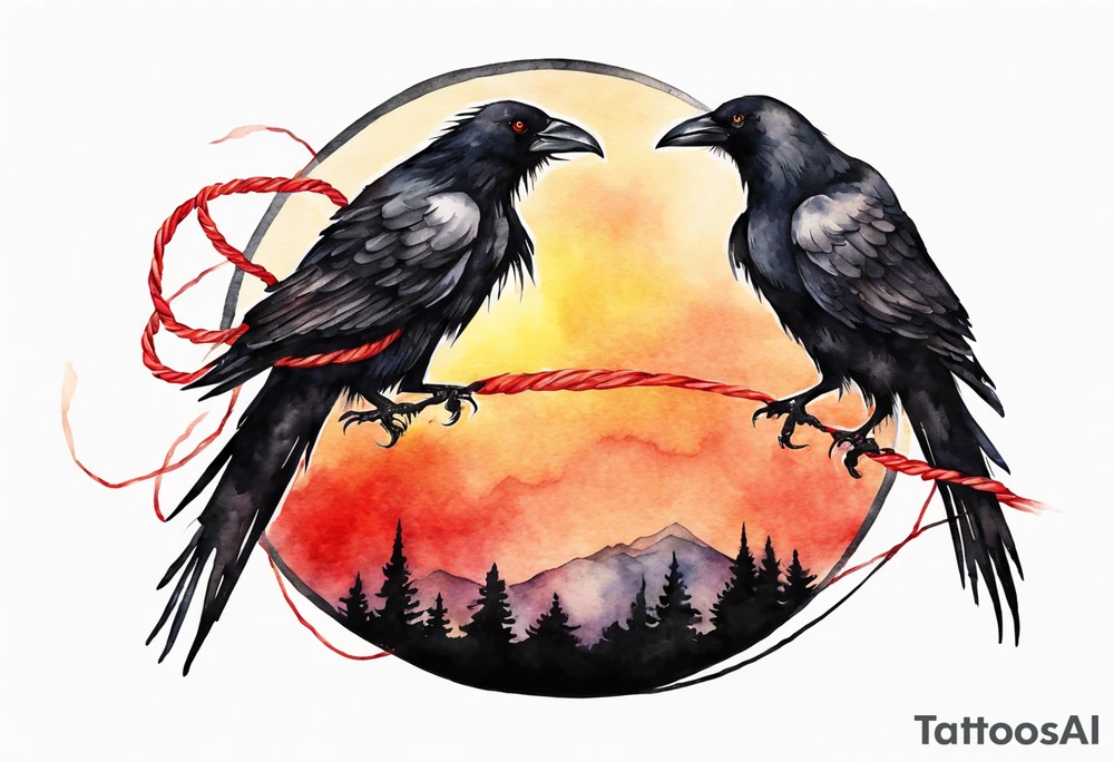 Two black crows flying into the sunset as they carry one long red string between them. tattoo idea