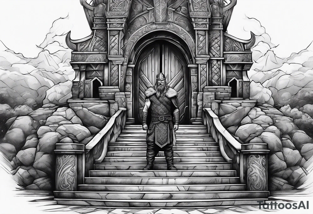 A Viking standing in front of the stairs to the gate to the valhalla. tattoo idea
