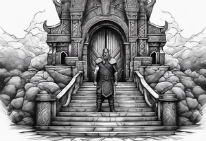 A Viking standing in front of the stairs to the gate to the valhalla. tattoo idea