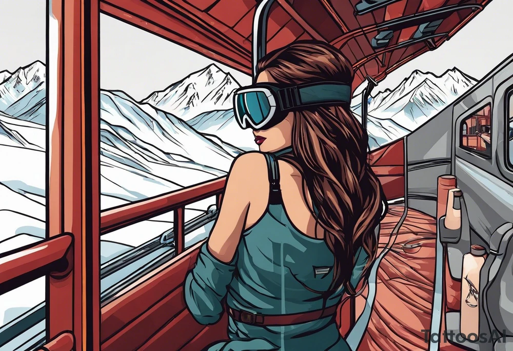 Create a large-scale tattoo design that starts at the lower back. The motif features a cable car ascending from a valley station into snowy mountains, leading to the top station. At the end of the cable car, it connects to a pair of ski goggles worn by a female head. In the lenses of the ski goggles, the snowy mountains should be reflected. Pay attention to realistic details of the mountains and the cable car, while the female head and ski goggles are stylized but clearly recognizable. The design should flow organically and extend upwards along the back. tattoo idea