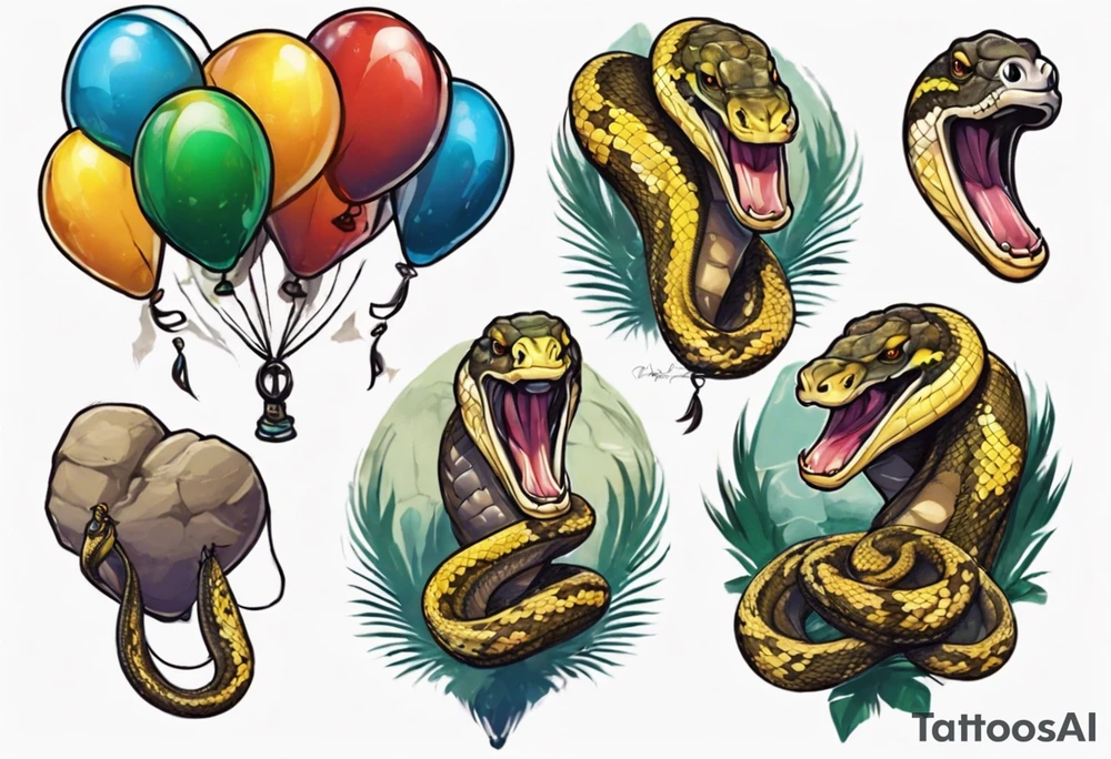 african python with colored ballons from movie up! aside and te-fiti stone on the other side tattoo idea